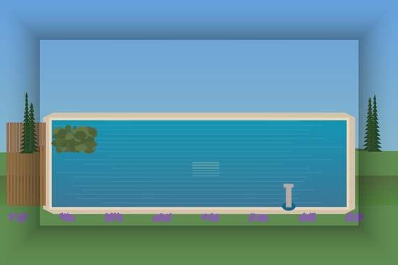Piscina de obra rectangular enterrada con agua turquesa y gresite azul, rodeada de vegetación mediterránea y tarima de madera