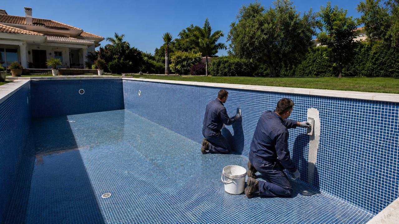 Dos operarios colocando gresite en piscina de obra vacía